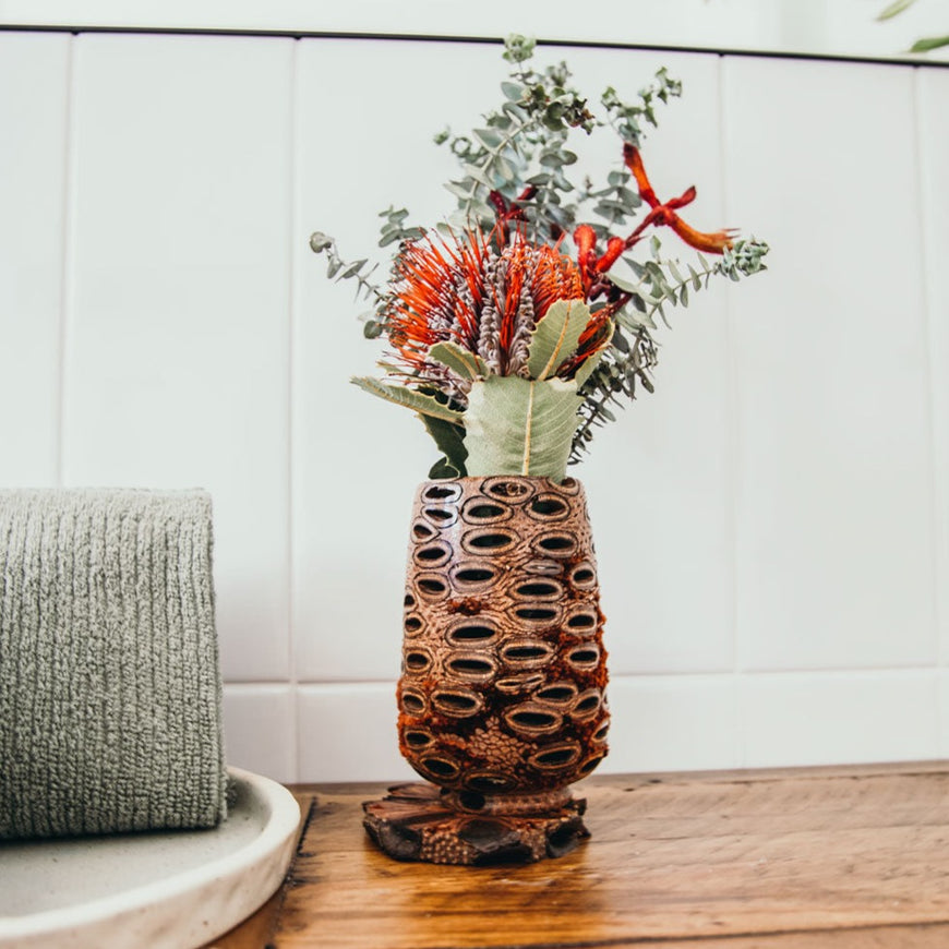 Hand carved from Australian Banksia Grandis seed pods. These tea light holders are a unique Australian gift or stunning piece of art work to have in your home.